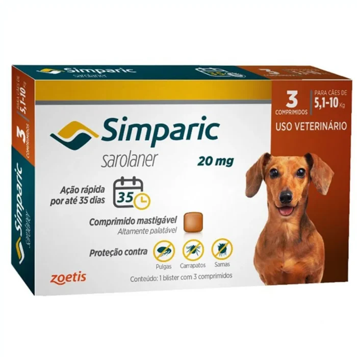 Simparic 20mg para Cães de 5,1 a 10kg - 3 Comprimidos